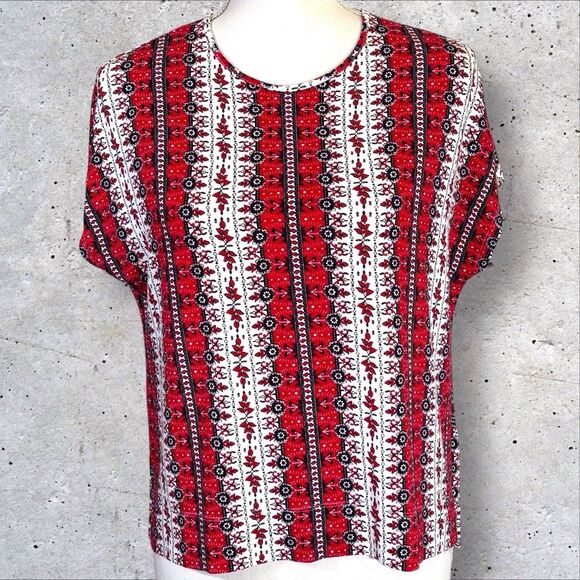 J. Jill Wearever Boxy Top Red White Black Floral Small Petite SP Casual Office - Picture 1 of 10